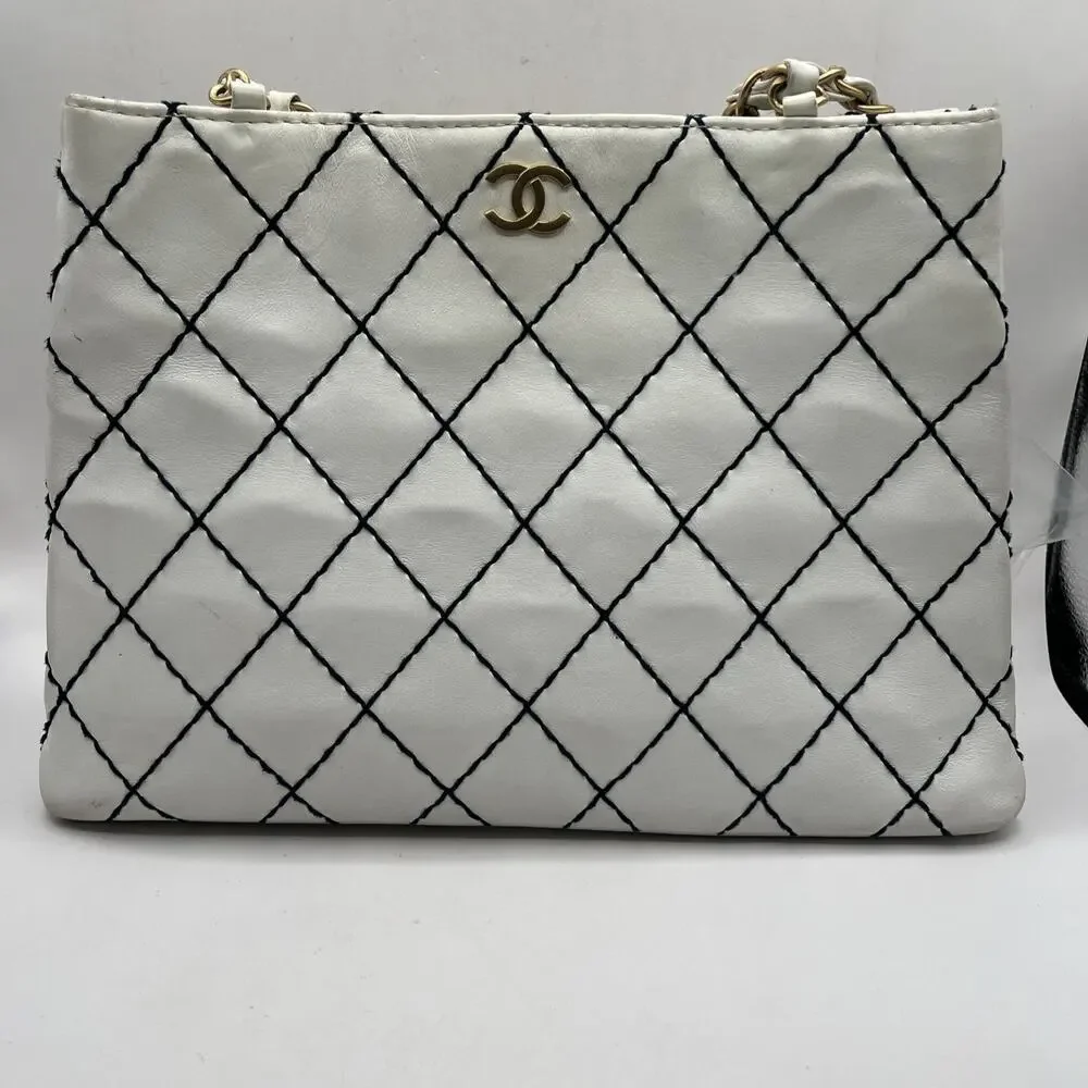 CHANEL Wild Black Stitch White Shoulder Tote Bag Double Chain Gold Tone Hardware